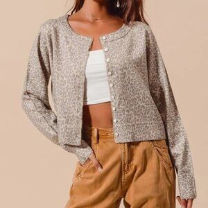 Leopard Print Button Up Cardigan - Vintage Oatmeal